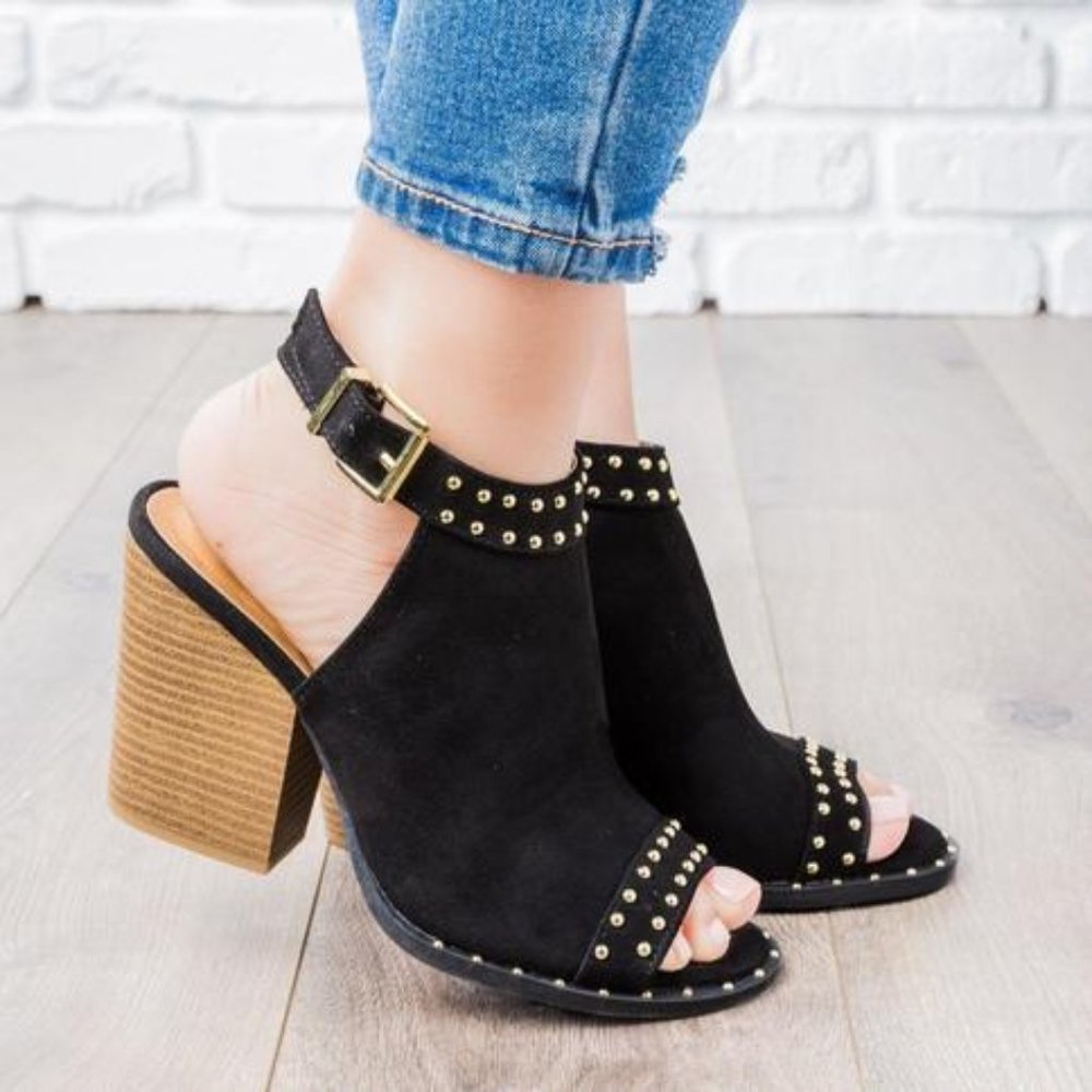 Gold Studded Black Slingback Peep Toe Block Heels - Picture 3 of 10